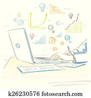 skizze, hände, laptop benutzend, zeichnung, finanzielle grafische darstellung