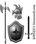 Knightly armour board, sword, helmet.