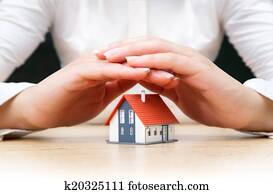 casa, cubierto, de, mujer, manos