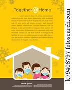 familia, llevando, un, máscara quirúrgica, para lo impedir, virus, en, casa, símbolo