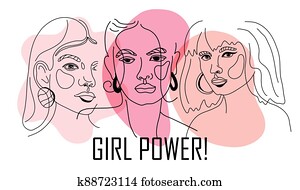 Girl power, empowered women, international feminism ideas poster concept. Linear trend illustration of women s faces in trendy style. Women Rights and diversity vector illustration.