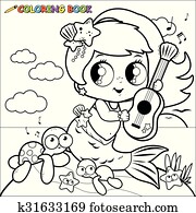 gyönyörű, hableány, játék zene, által, a, sea., vektor, színezés, oldal