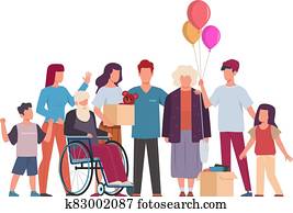 Volunteer group. Volunteering and supporting people, community helping and taking care about handicapped, vector charity concept