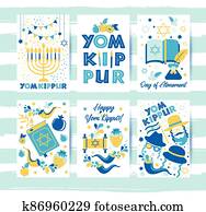 Yom Kippur greeting set cards with candles, apples and shofar and symbols. Jewish holiday background. illustration on white. Translation in Enhlish of atonement day. Yom Kippur greeting set cards with candles, apples and shofar and symbols. Jewish holiday background. illustration on white. Translation in Enhlish of atonement day.