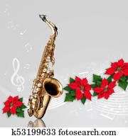 סקסופון, עם, אדום, פוינסאטיה, פרוח, קישוט של חג ההמולד