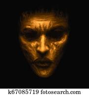 Creepy witch girl face. Orange background color. Creepy witch girl face. Orange background color.