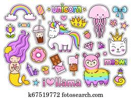 גדול, מדבקות, pack., קבע, של, חמוד, ציור היתולי, characters.