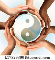 多種族, 手, 圍攏, yin yang符號