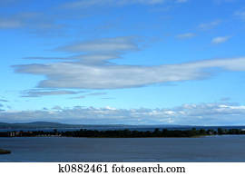 Blue skies over lake