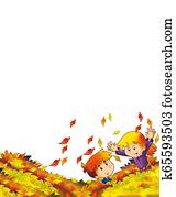 caricatura, feliz, y, divertido, escena, con, niños, tener diversión, blanco, plano de fondo, -, ilustración, para, niños