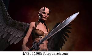 Horned female demon with sword posing over red dark background Horned female demon with sword posing over red dark background