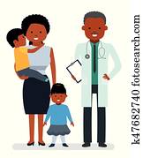 איכפתיות ל, ה, בריאות, של, ה, child., ה, רופא ילדים, ו, ה, אמא, עם, ילד, ו, ילדה, ב, a, לבן, רקע.