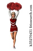 cheerleader, com, pompoms, branco