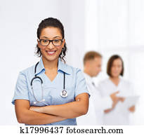 sorrindo, africano feminino, americano, doutor, ou, enfermeira