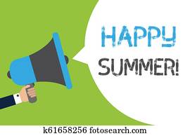 Text sign showing Happy Summer. Conceptual photo Beaches Sunshine Relaxation Warm Sunny Season Solstice Man holding megaphone loudspeaker speech bubble message speaking loud. Text sign showing Happy Summer. Conceptual photo Beaches Sunshine Relaxation Warm Sunny Season Solstice Man holding megaphone loudspeaker speech bubble message speaking loud.