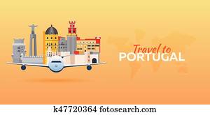 viagem, para, portugal., avião, com, attractions., viagem, vetorial, banners., apartamento, style. viagem, para, portugal., avião, com, attractions., viagem, vetorial, banners., apartamento, style.