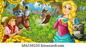 ציור היתולי, קטע, עם, ינשוף, עם, נסיכה, ב, ה, יער, ליד, טירה, מגדל