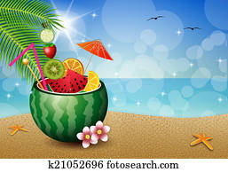 Cocktail fruits in watermelon on the beach Cocktail fruits in watermelon on the beach
