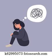 depressionen, frau, sitzen, auf, dass, floor. depressionen, frau, sitzen, auf, dass, floor.