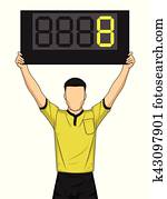 Football referee shows extra time, the soccer players change. Football referee shows extra time, the soccer players change.