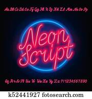 neon, drehbuch, alphabet, font., rot, neon, großbuchstaben, und, lowercase, briefe, und, numbers.