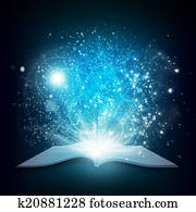 Old open book with magic light and falling stars Old open book with magic light and falling stars