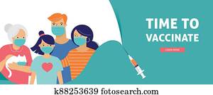 משפחה, חיסון, מושג, design., זמן, ל, חסן, דגל, -, מזרק, עם, תרכיב, ל, covid-19,, שפעת, או, שפעת, ו, a, משפחה