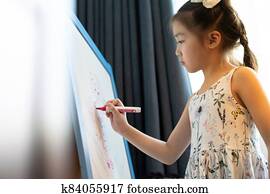 Asian girl elementary student drawing on whiteboard Asian girl elementary student drawing on whiteboard