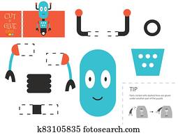 Cut and glue paper toy. Vector illustration, worksheet with cartoon robot character Cut and glue paper toy. Vector illustration, worksheet with cartoon robot character