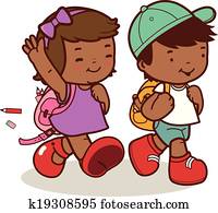 gyerekek, jár, fordíts, school., vektor, ábra