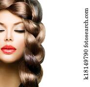 Hair Braid. Beautiful Model Woman with Healthy Long Brown Hair 