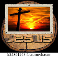 Jesus Cross at Sunset on Tree Trunk