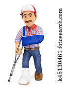 3D Worker with plaster leg and arm in sling. Work accident 3D Worker with plaster leg and arm in sling. Work accident