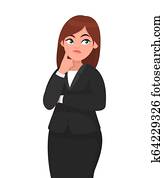 Beautiful attractive businesswoman thinking while touching her finger on face with thoughtful expression while looking up. Human emotion and body language concept illustration in vector cartoon style. Beautiful attractive businesswoman thinking while touching her finger on face with thoughtful expression while looking up. Human emotion and body language concept illustration in vector cartoon style.