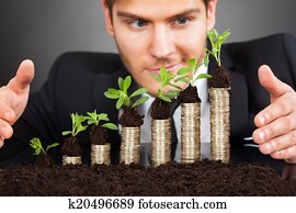 Businessman Protecting Coins In Saplings