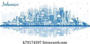 Outline Indonesia Cities Skyline with Blue Buildings and Reflections. Outline Indonesia Cities Skyline with Blue Buildings and Reflections.