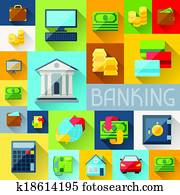 Background with banking icons in flat design style.