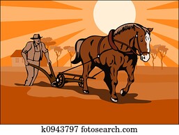 Clip Art - landwirt, und, pferd, pflügen, dass, feld, mit, scheune