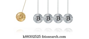 Physical bitcoins. Virtual crypto currency coin. Blockchain technology.