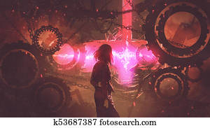 woman looking at the red light through gears woman looking at the red light through gears