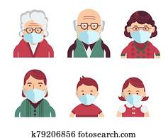 Family wearing protective Medical masks for prevent virus Covid-19. Vector avatars of people in medical masks Family wearing protective Medical masks for prevent virus Covid-19. Vector avatars of people in medical masks