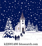 invierno, iglesia, por la noche