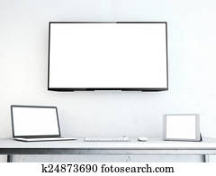 Table with laptop and large screen on the wall Table with laptop and large screen on the wall