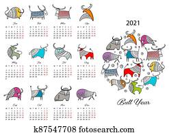 שמח, חדש, year,, לוח שנה, 2021., bull,, ox,, cow.