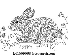 coloring book or page dog in the meadow chasing a rabbit