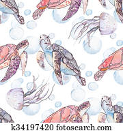 Underwater sea pattern. Sea turtles and jellyfish. Ocean Underwater sea pattern. Sea turtles and jellyfish. Ocean
