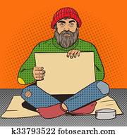 Homeless man with paper sign pop art vector Homeless man with paper sign pop art vector