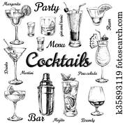 קבע, של, רשום, קוקטיילים, ו, כוהל, שותה, וקטור, העבר, צייר, דוגמה