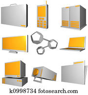information teknik, affärsverksamhet ikon, och, symbol, sätta, serie, -, grå, apelsin