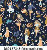 Seamless pattern with different dancing women. 8 march.